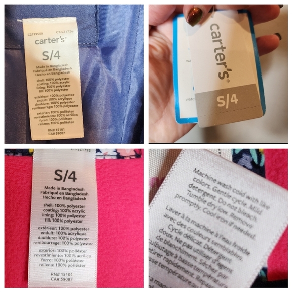 NWT Carters Snow Set Bibs & Puffer Coat Fleece Lined Blue Pink Floral Size S/4 - Picture 5 of 16